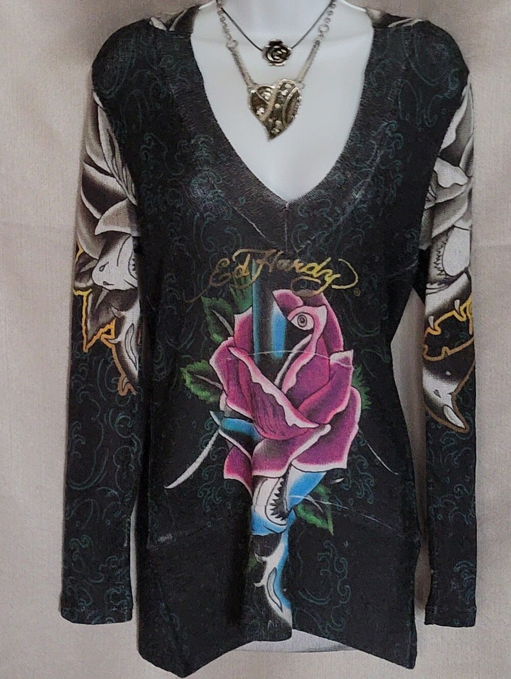 Black Long Sleeve V-Neck Top with Pink Rose Graphic